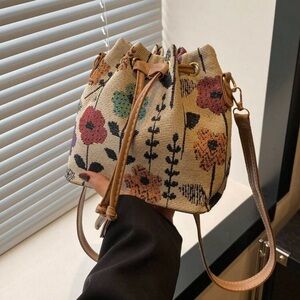 Veloura Floral Bucket Bag Drawstring Crossbody Mini Canvas Shoulder